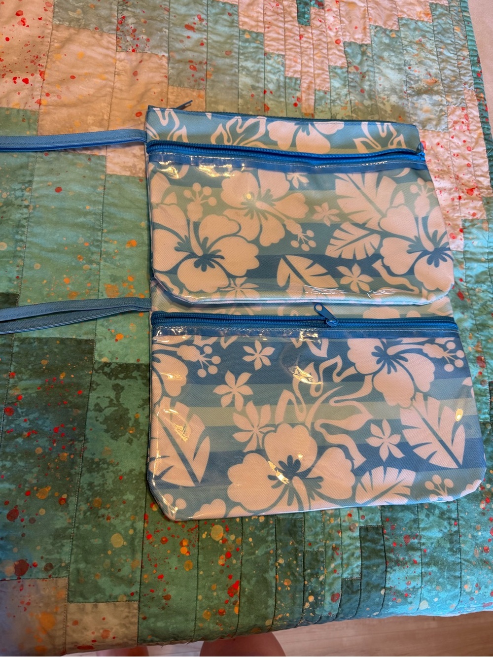 Blue Floral Crossbody Bag with Double Zipper Pockets